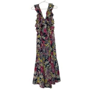 Lauren Conrad Dress Floral Maxi Babydoll Cut Out Back Ruffle Bow Tie Size M